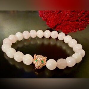 Rose Quartz Stretch Bracelet with Rose Gold Leopard Charm, NWOT
